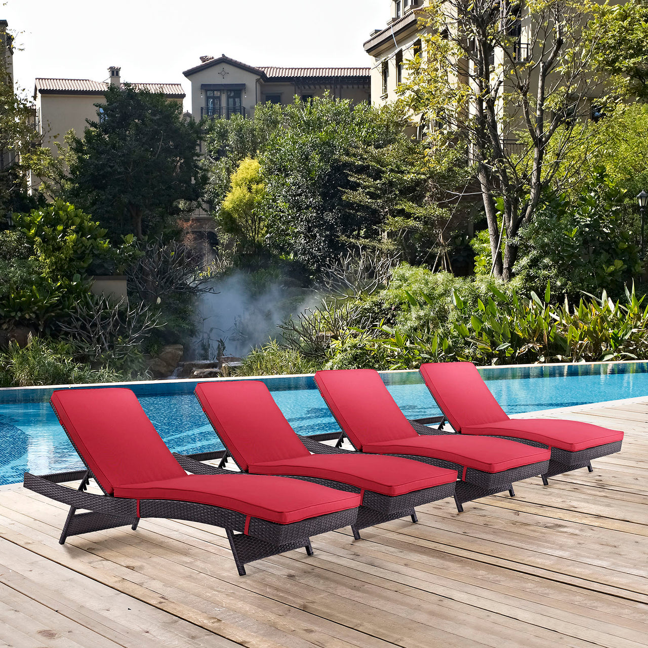 Convene Outdoor Patio Chaise Set of 4, Espresso & Red