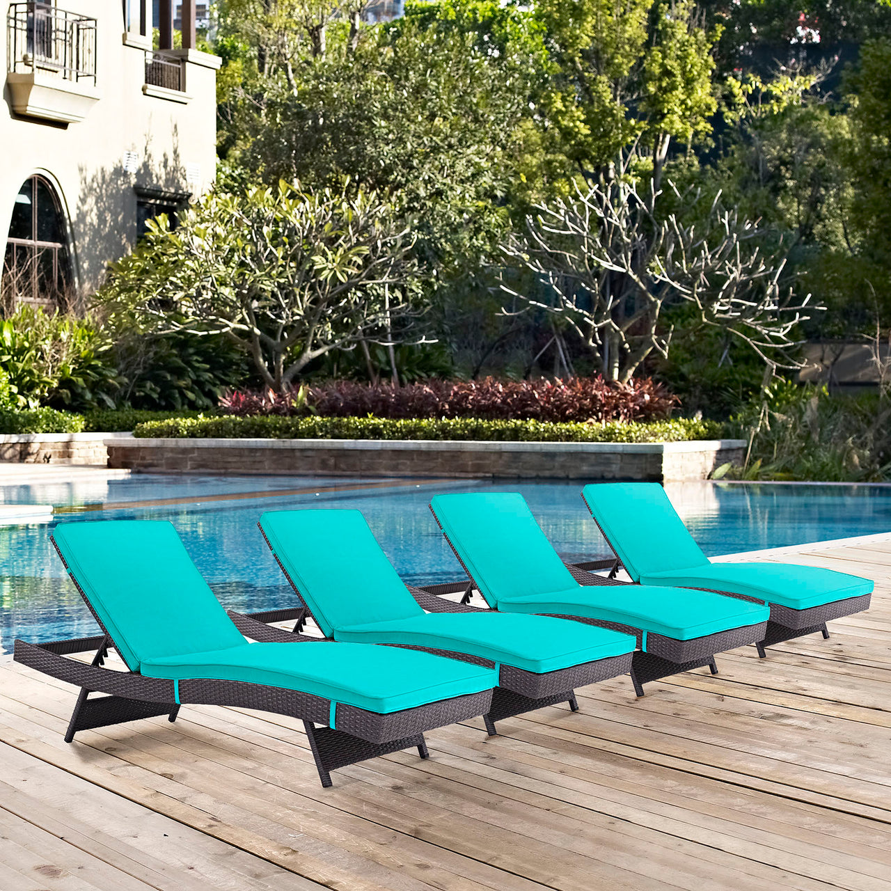 Convene Outdoor Patio Chaise Set of 4, Espresso & Turquoise