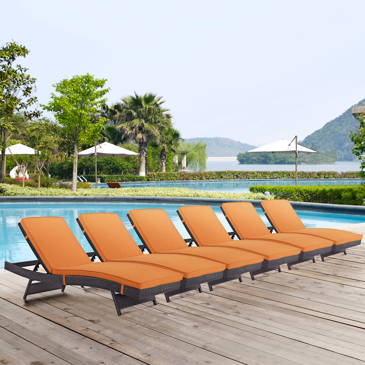 Convene Outdoor Patio Chaise Set of 6, Espresso & Orange