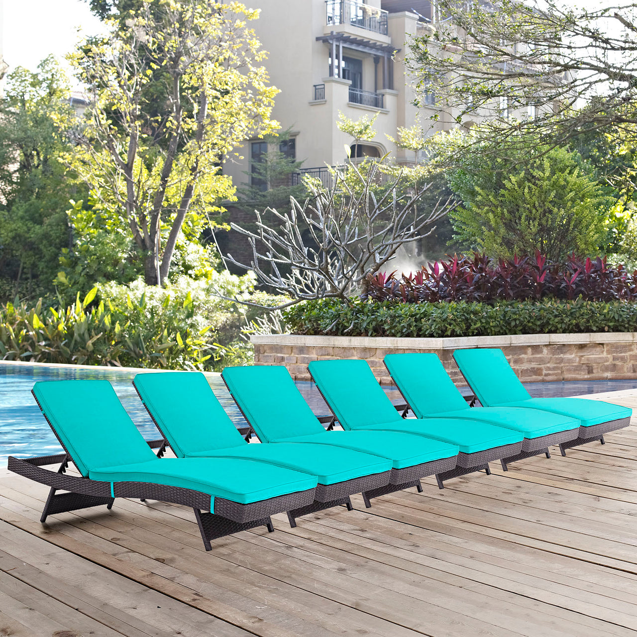 Convene Outdoor Patio Chaise Set of 6, Espresso & Turquoise