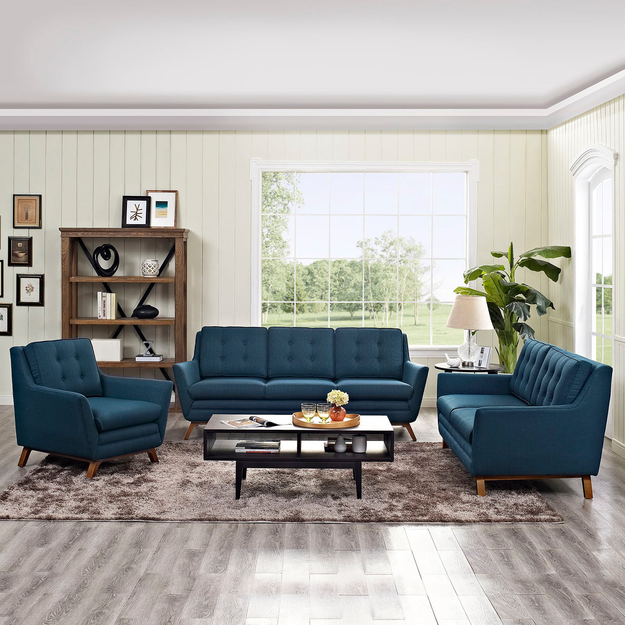 Beguile Upholstered Fabric Living Room Set Set of 3, Azure