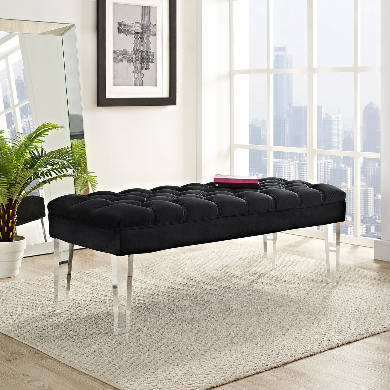 Levisia Upholstered Velvet Bench, Black