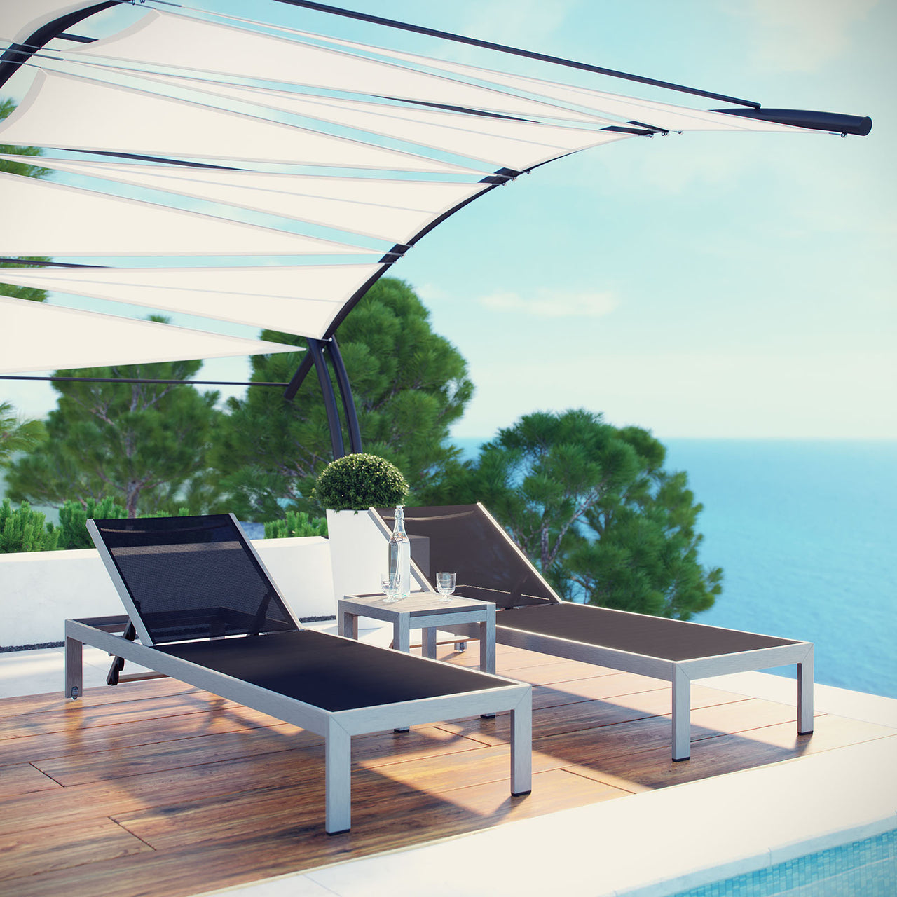 Shore 3 Piece Outdoor Patio Aluminum Set, Silver & Black