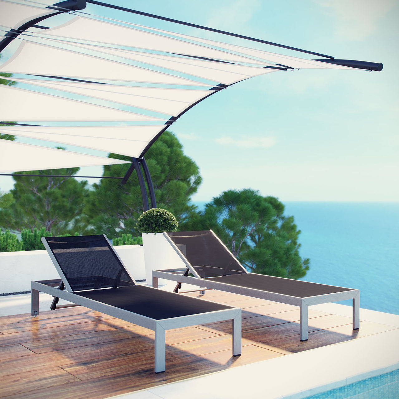 Shore Outdoor Patio Aluminum Chaise Set of 2, Silver & Black