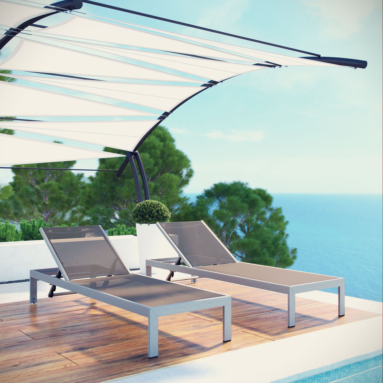 Shore Outdoor Patio Aluminum Chaise Set of 2, Silver & Gray