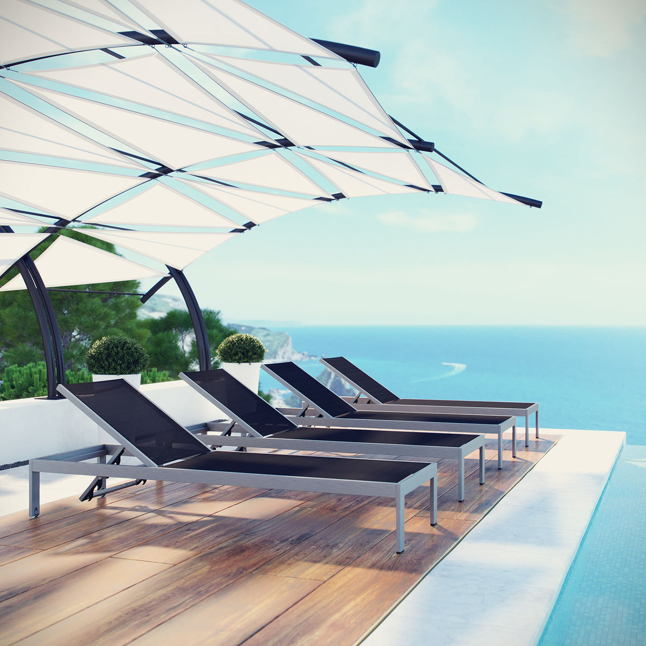 Shore Outdoor Patio Aluminum Chaise Set of 4, Silver & Black