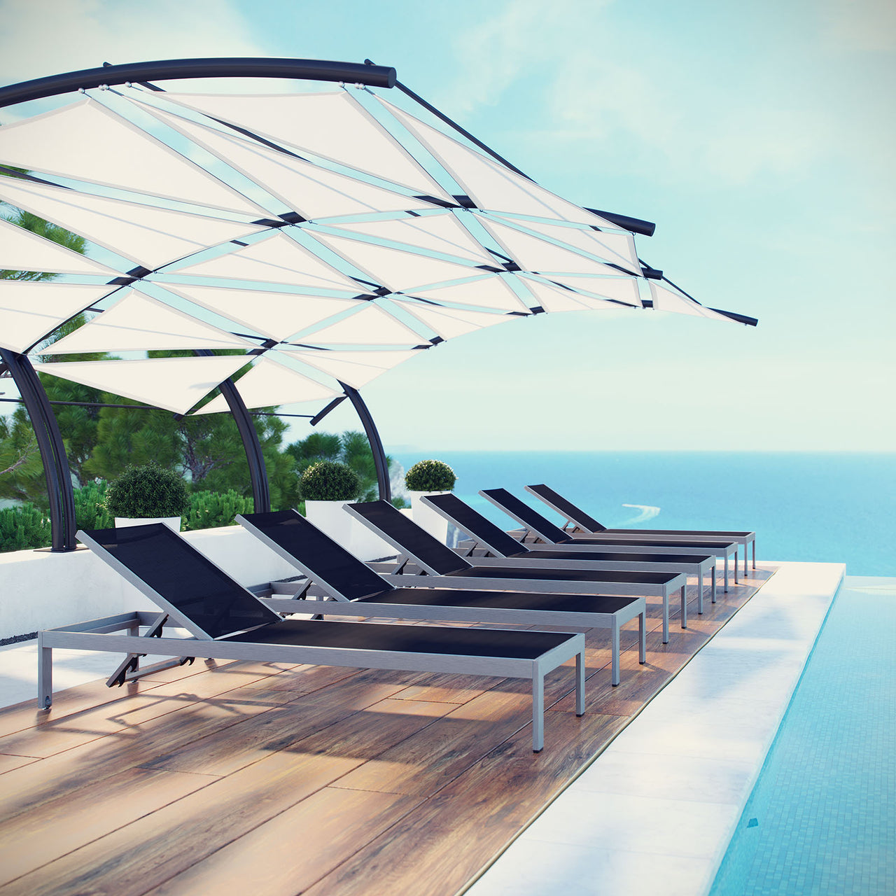 Shorea Alfresco Chaise Set of 6, Silver & Black