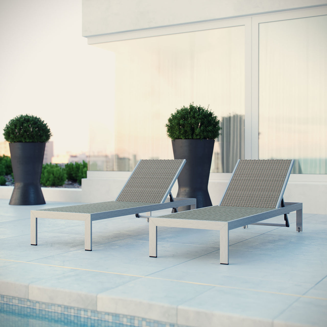 Shore Outdoor Patio Aluminum Chaise Set of 2, Silver & Gray