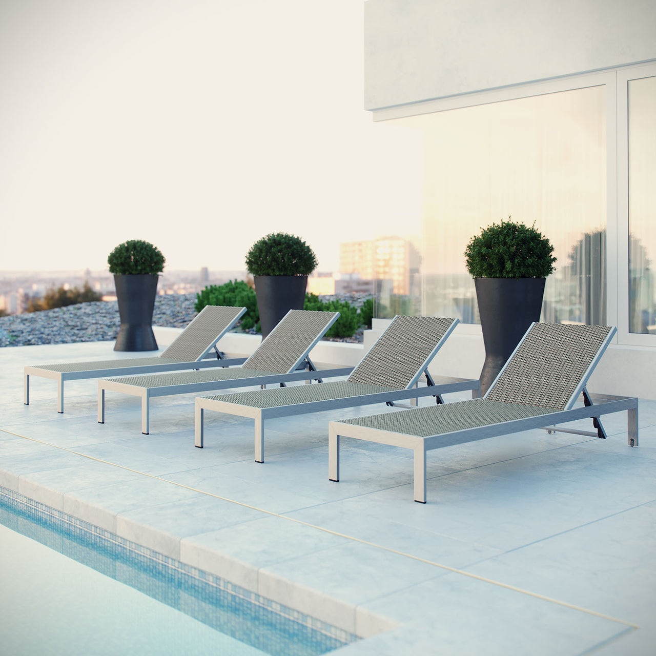 Shore Outdoor Patio Aluminum Chaise Set of 4, Silver & Gray