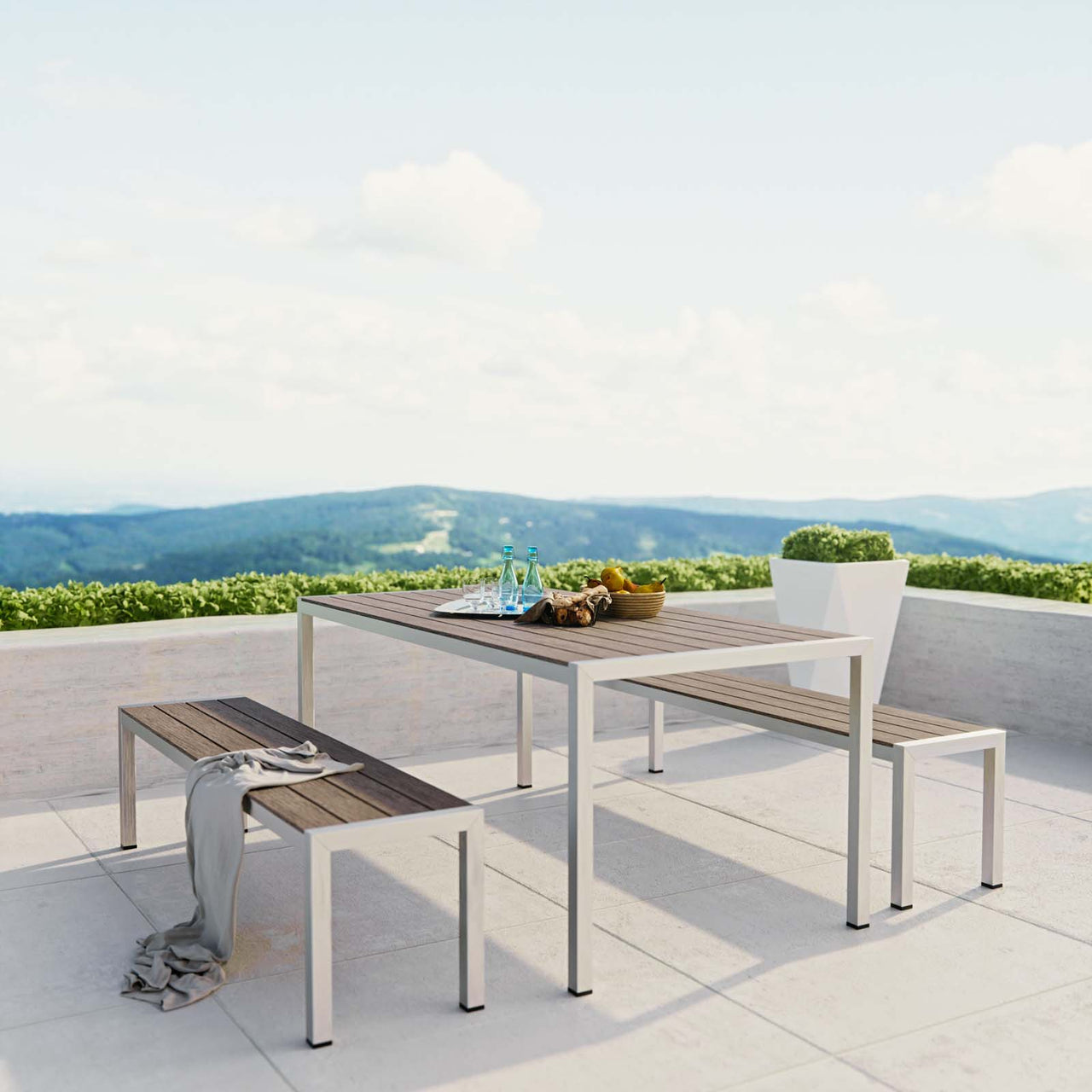 Shore 3 Piece Outdoor Patio Aluminum Dining Set, Silver & Gray