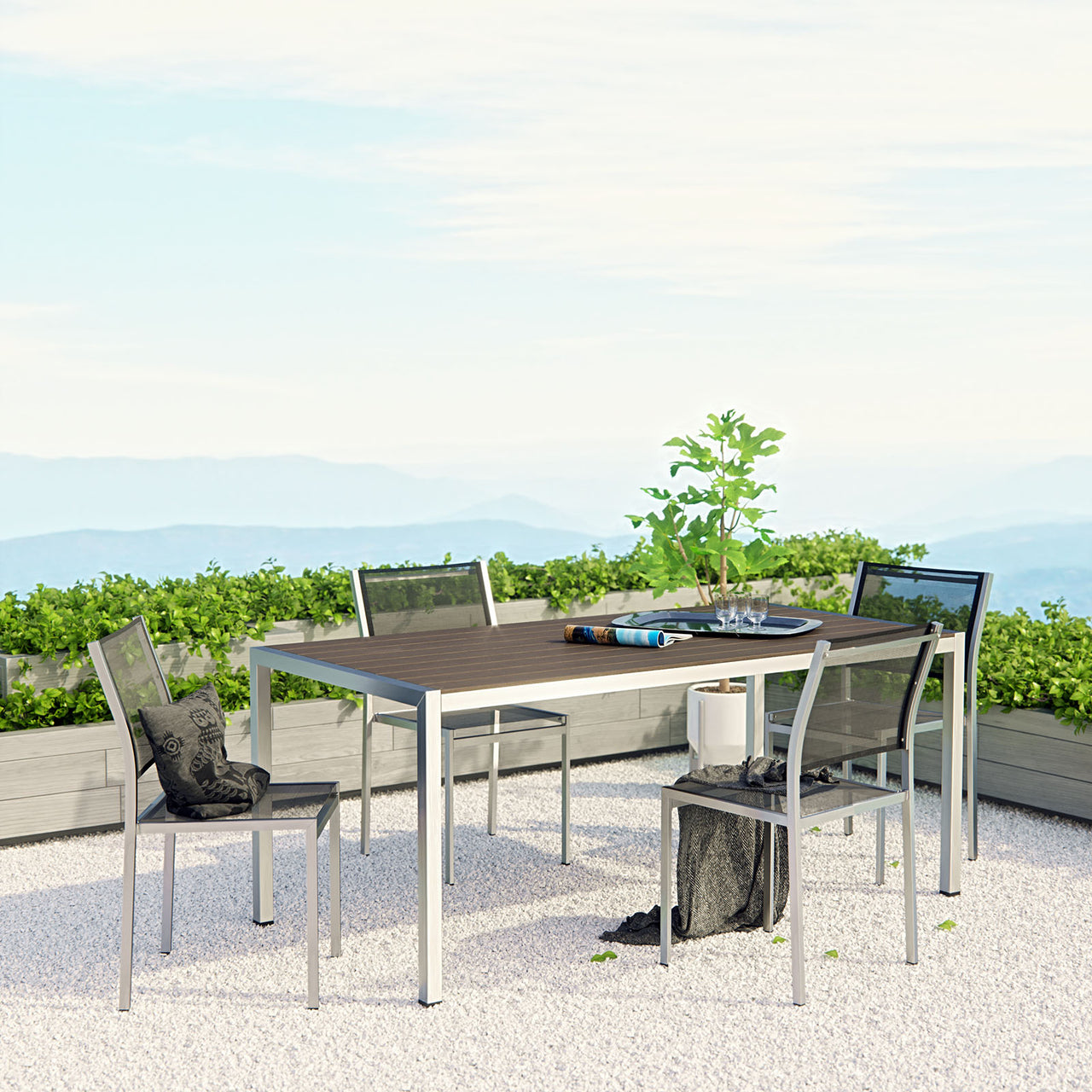 Shore 5 Piece Outdoor Patio Aluminum Dining Set, Silver & Black