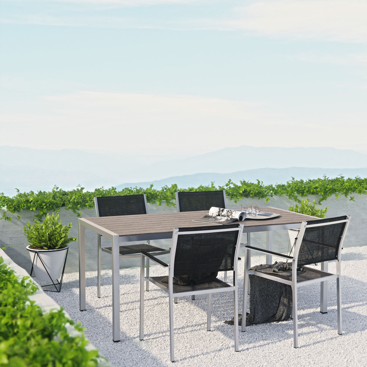 Shore 5 Piece Outdoor Patio Aluminum Dining Set, Silver & Black