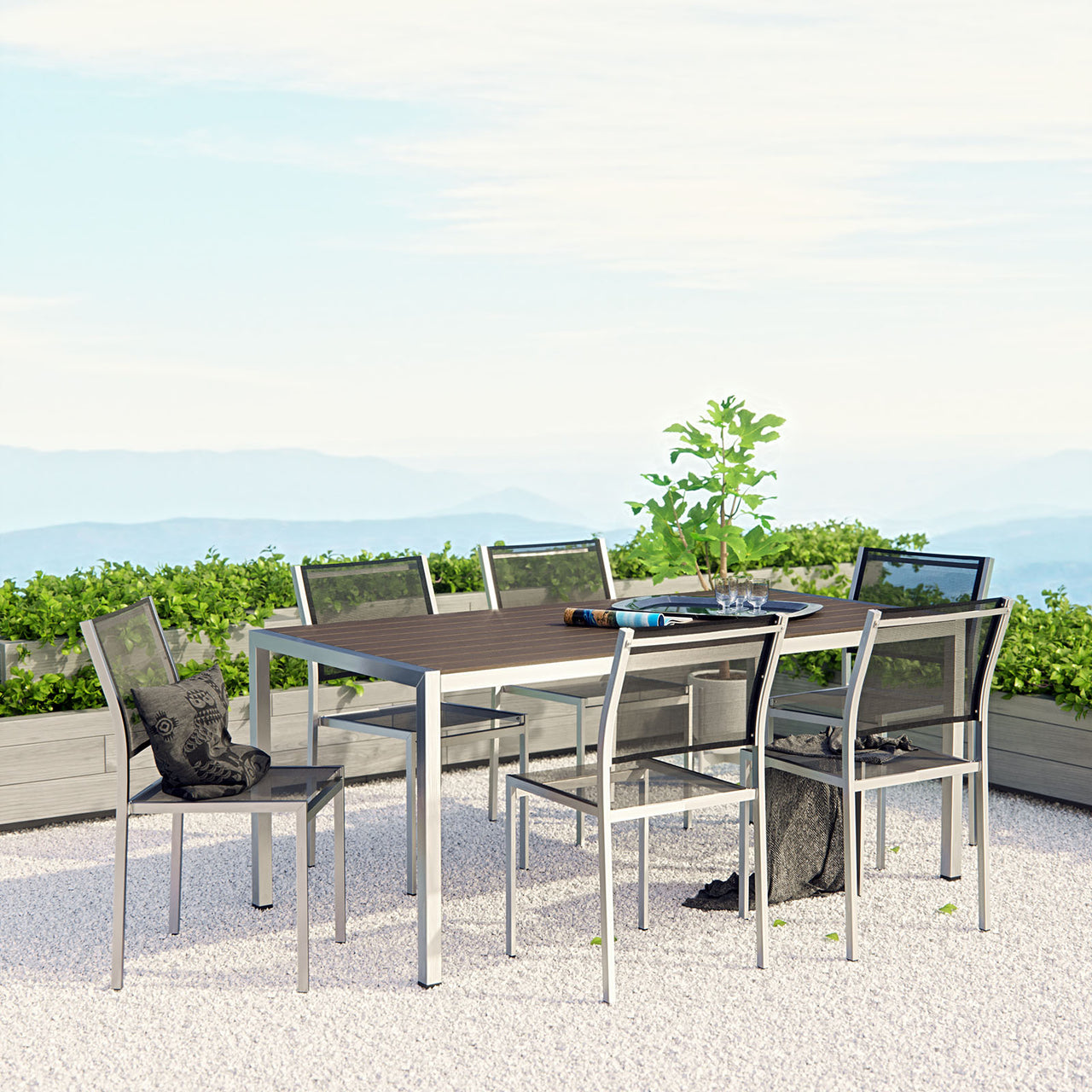 Shore 7 Piece Outdoor Patio Aluminum Dining Set, Silver & Black