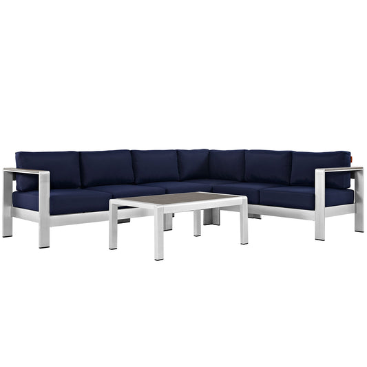 Shorea 5-Piece Alfresco Sectional Sofa Set, Silver & Navy