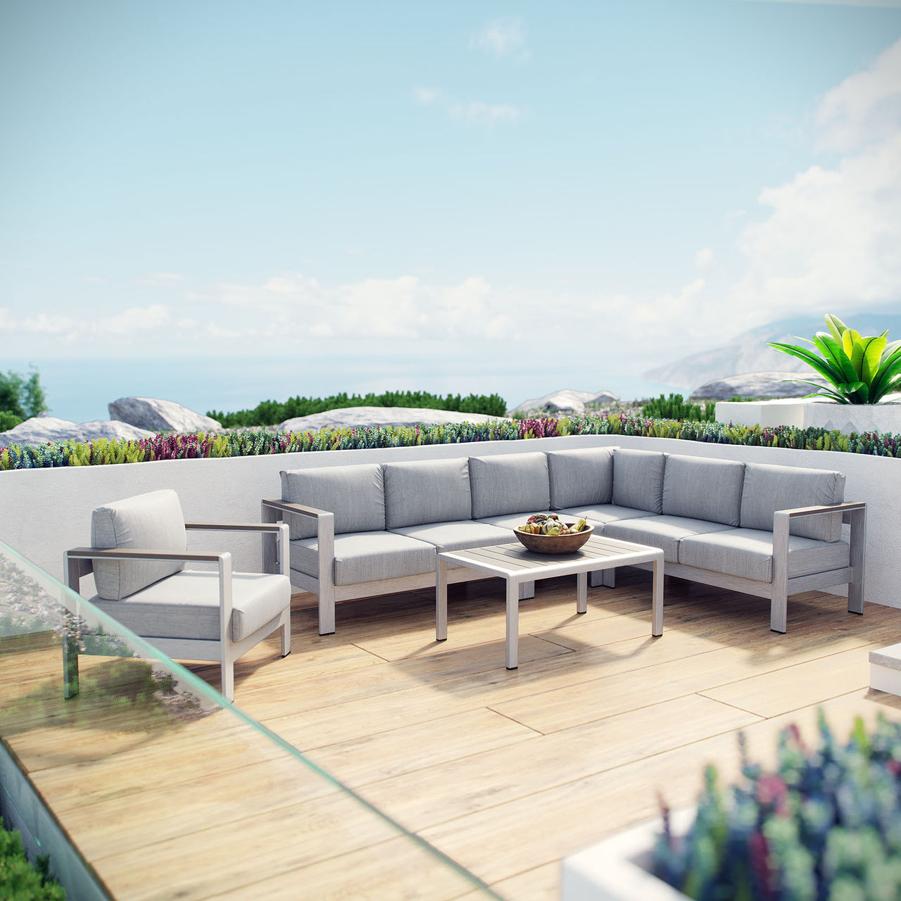 Shorea 6-Piece Alfresco Sectional Sofa Set, Silver & Gray