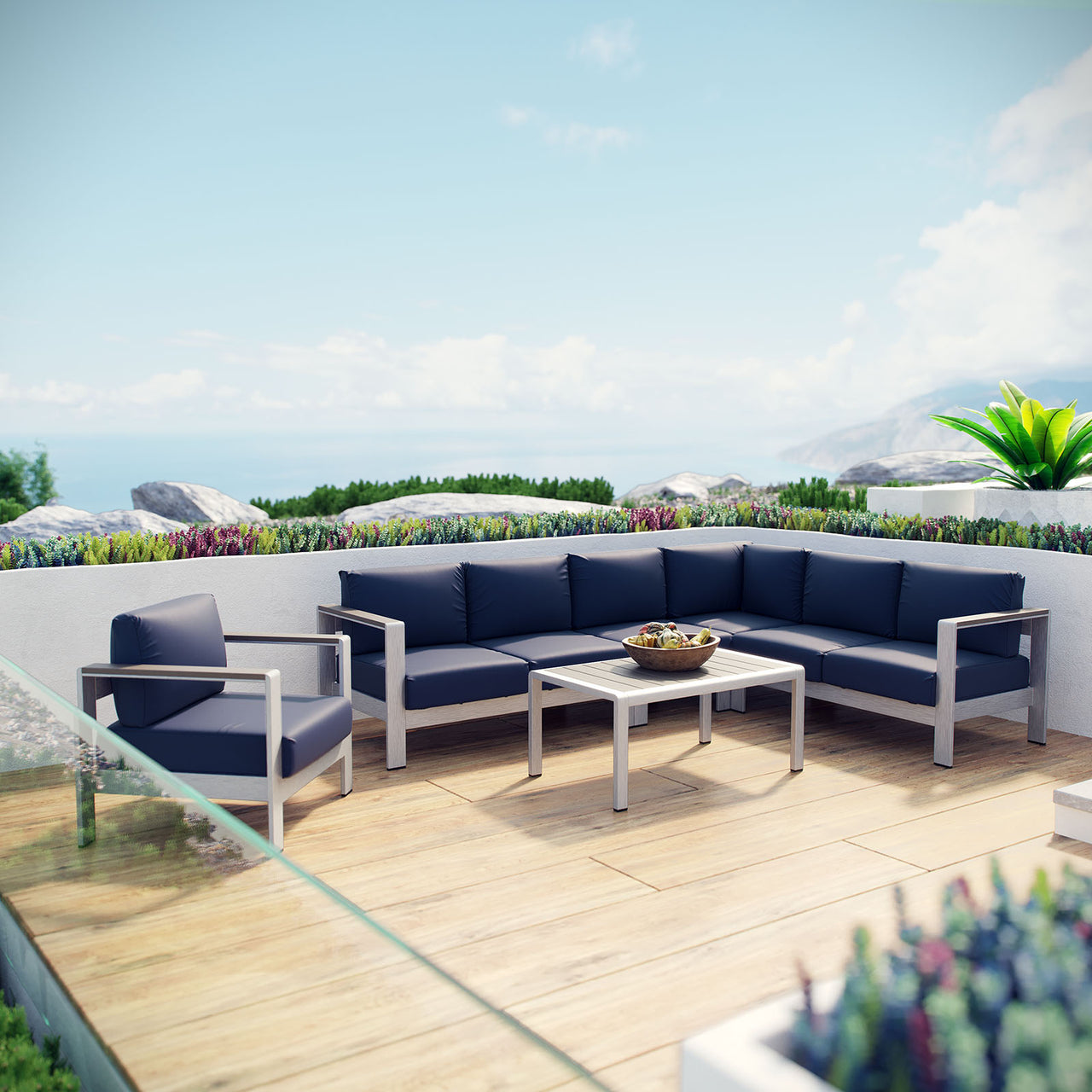 Shorea 6-Piece Alfresco Sectional Sofa Set, Silver & Navy