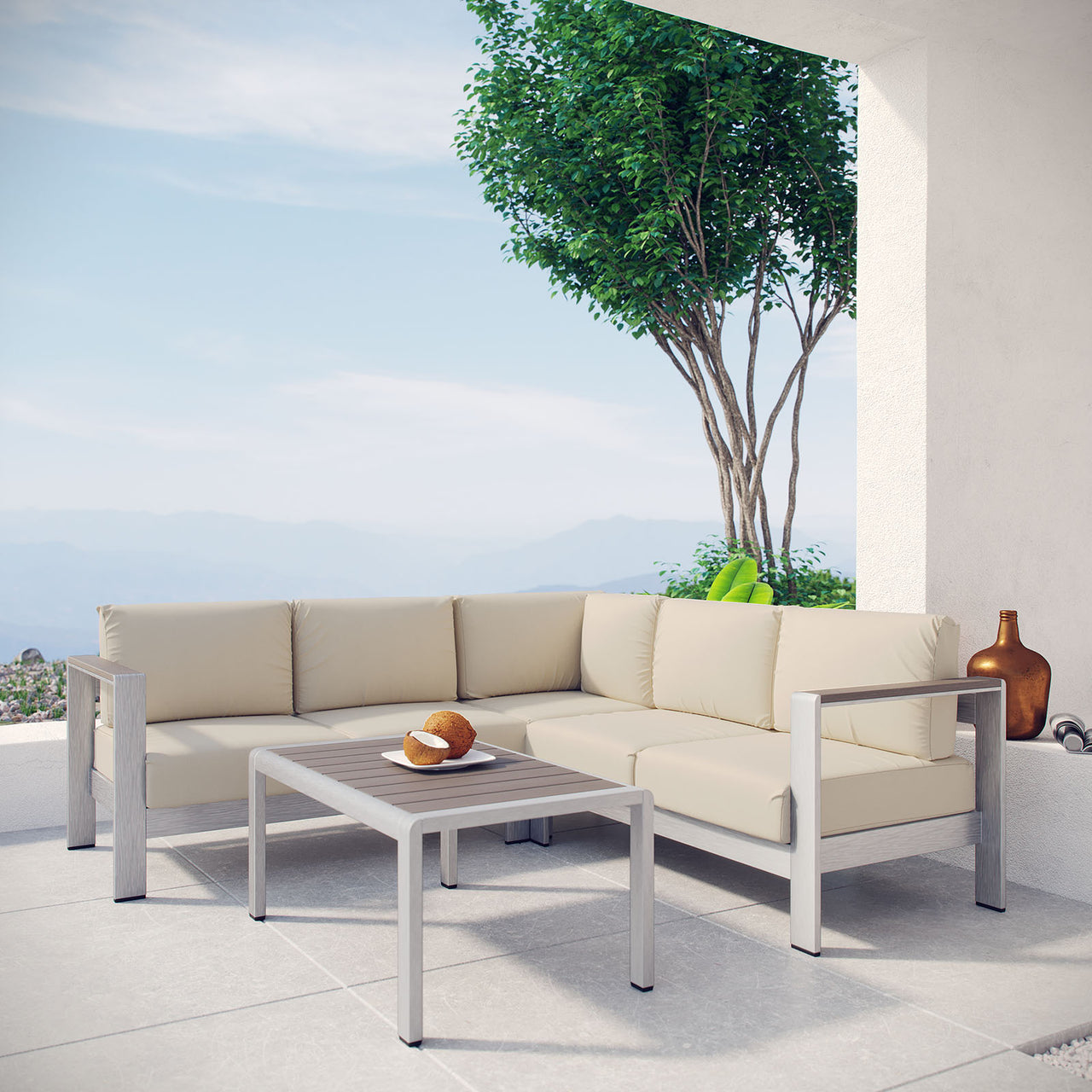 Shorea 4-Piece Alfresco Sectional Sofa Set, Silver & Beige