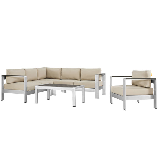 Shorea 5-Piece Alfresco Sectional Sofa Set, Silver & Beige