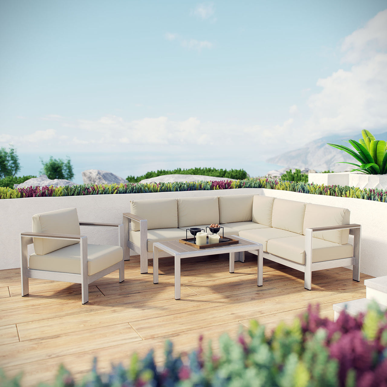 Shorea 5-Piece Alfresco Sectional Sofa Set, Silver & Beige