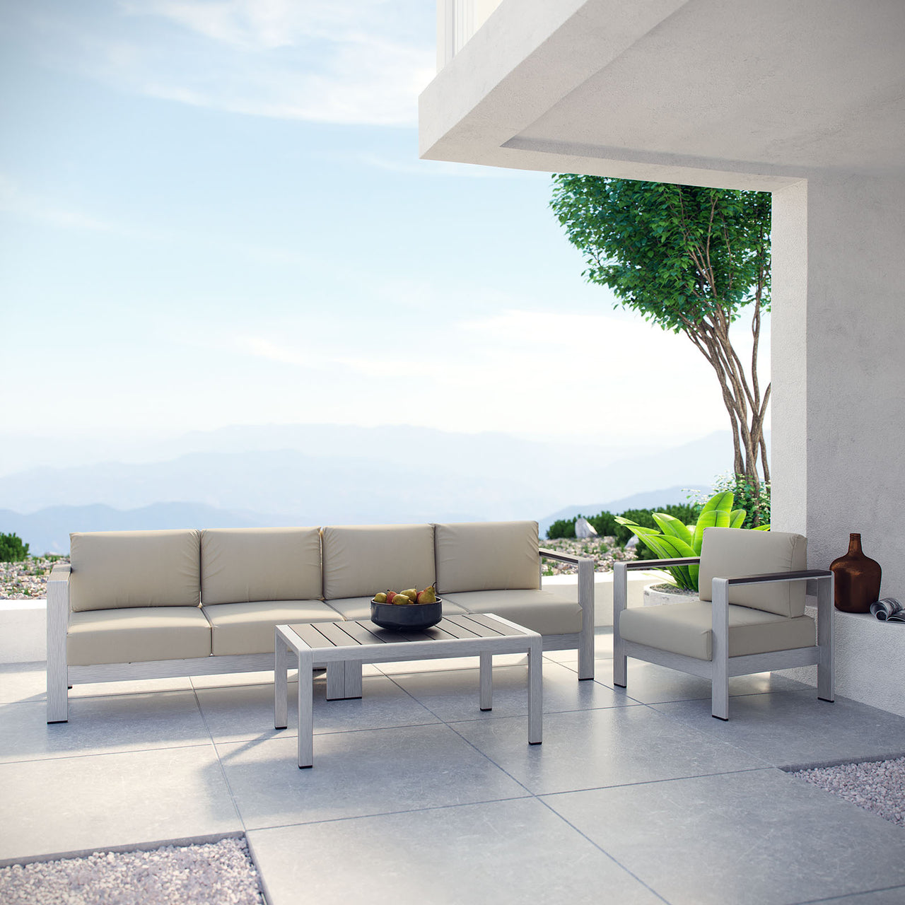 Shorea 4-Piece Alfresco Sectional Sofa Set, Silver & Beige