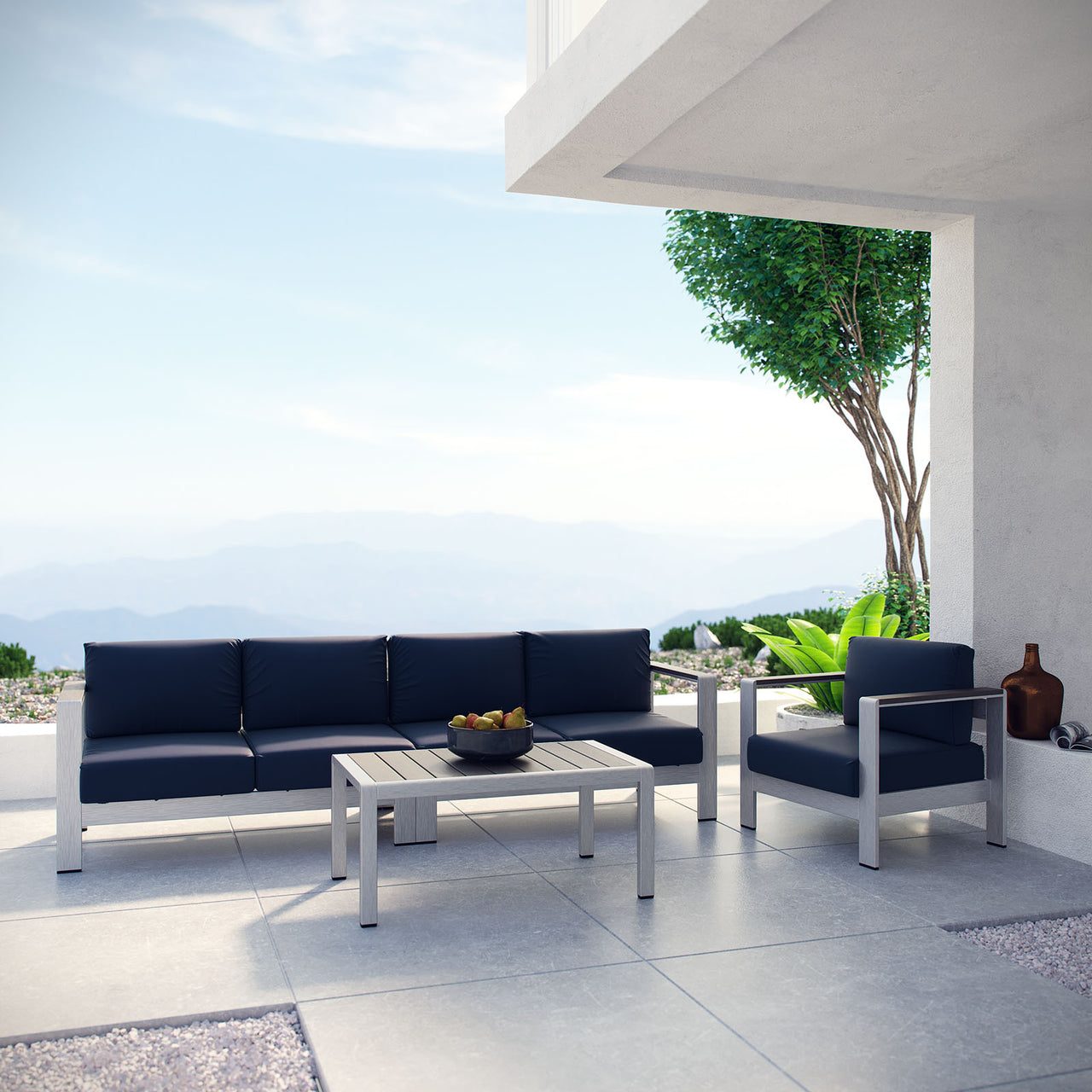 Shorea 4-Piece Alfresco Sectional Sofa Set, Silver & Navy