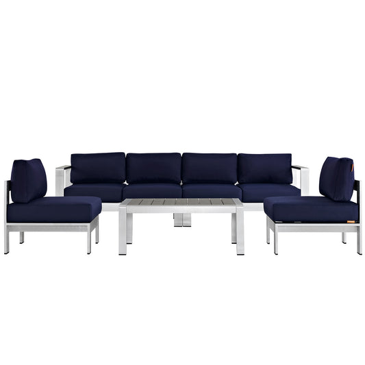 Shorea 5-Piece Alfresco Sectional Sofa Set, Silver & Navy
