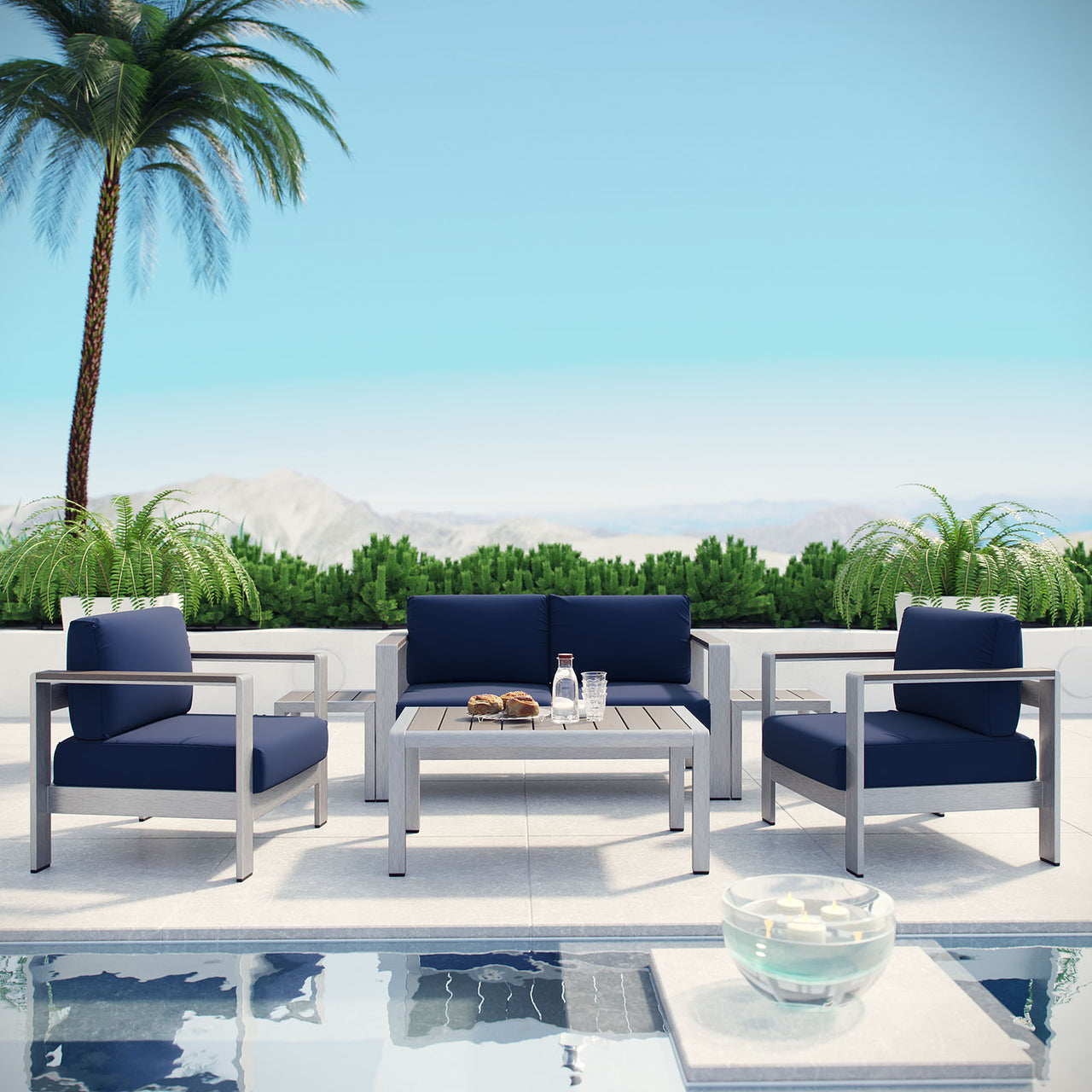 Shorea 6-Piece Alfresco Sectional Sofa Set, Silver & Navy