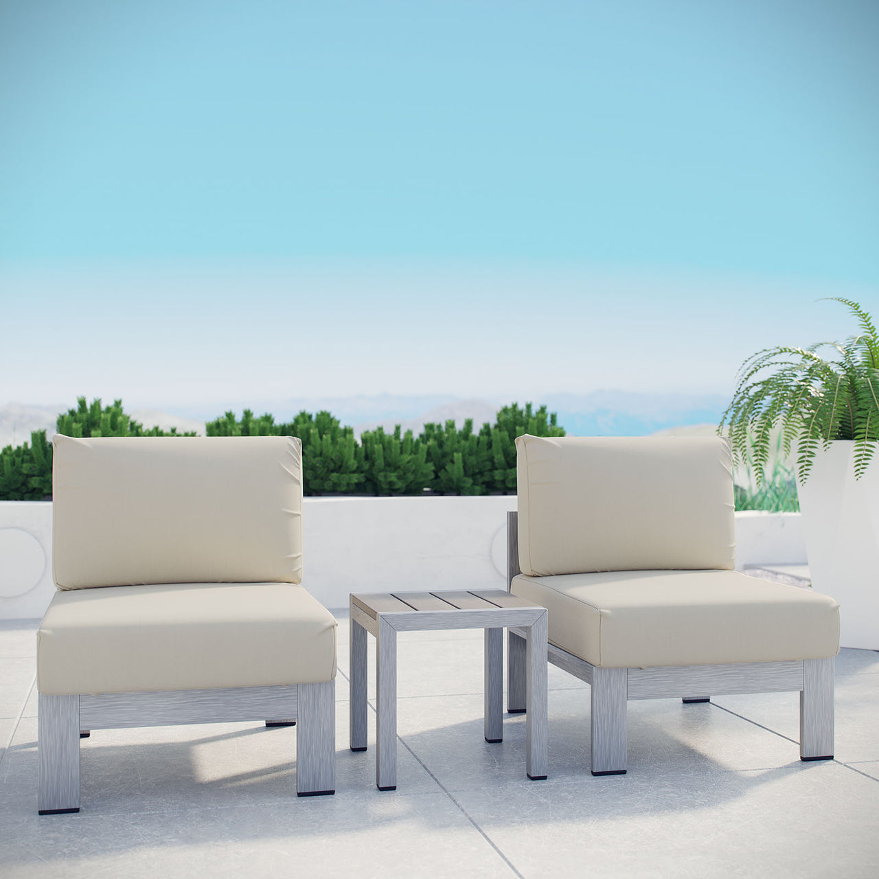 Shorea 3-Piece Alfresco Chair | Side Table Set, Silver & Beige