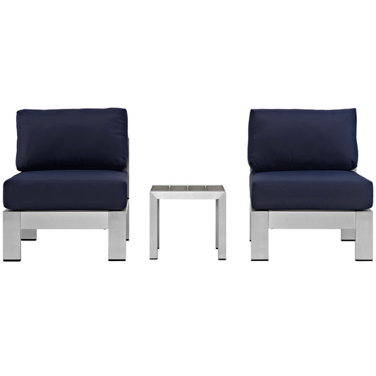 Shorea 3-Piece Alfresco Chair | Side Table Set, Silver & Navy