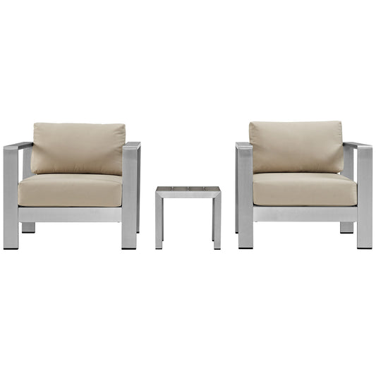 Shorea 3-Piece Alfresco Chair | Side Table Set, Silver & Beige