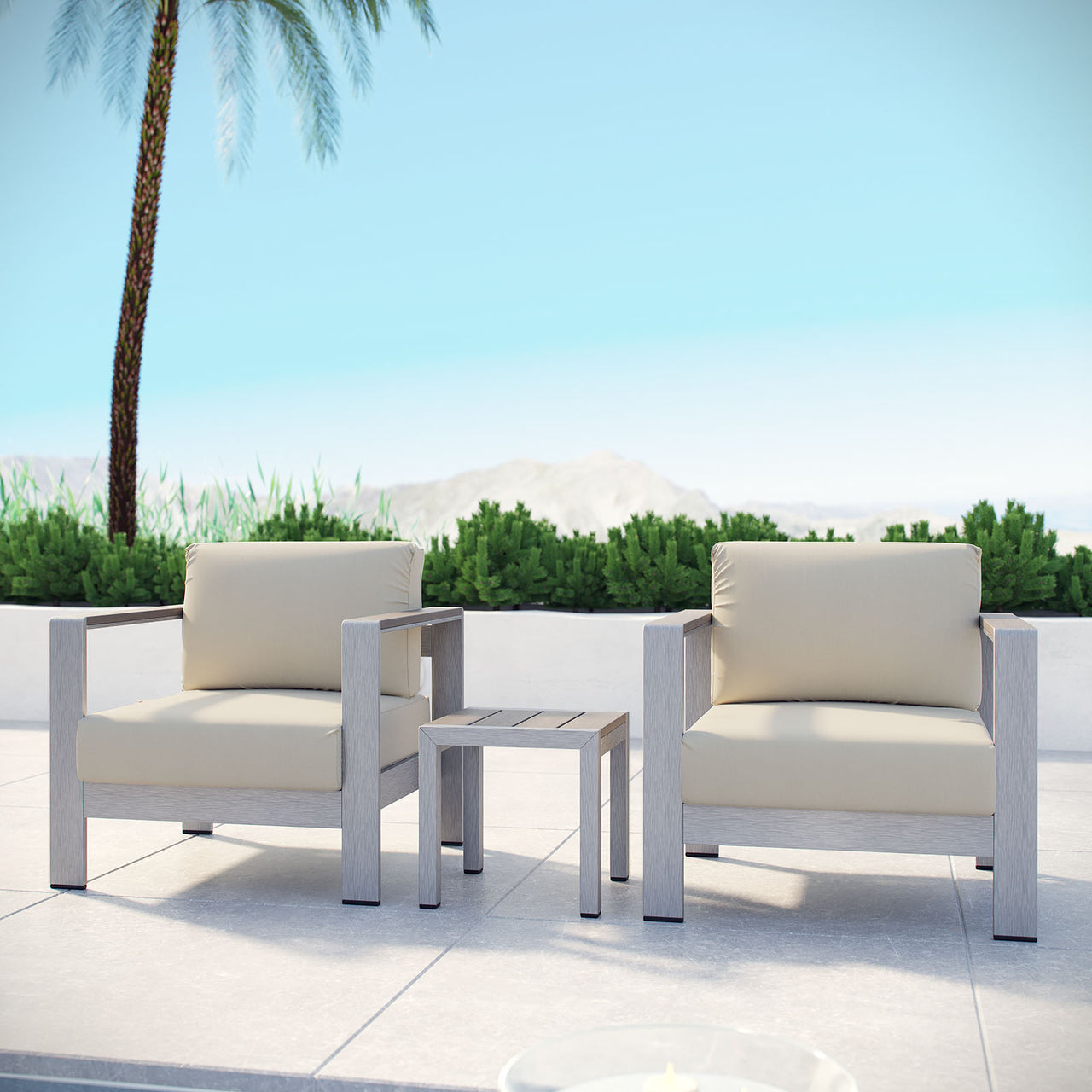 Shorea 3-Piece Alfresco Chair | Side Table Set, Silver & Beige