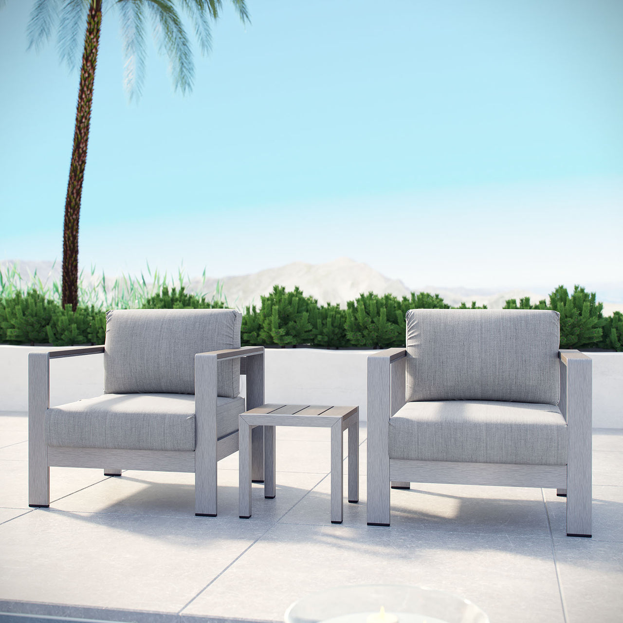Shorea 3-Piece Alfresco Chair | Side Table Set, Silver & Gray