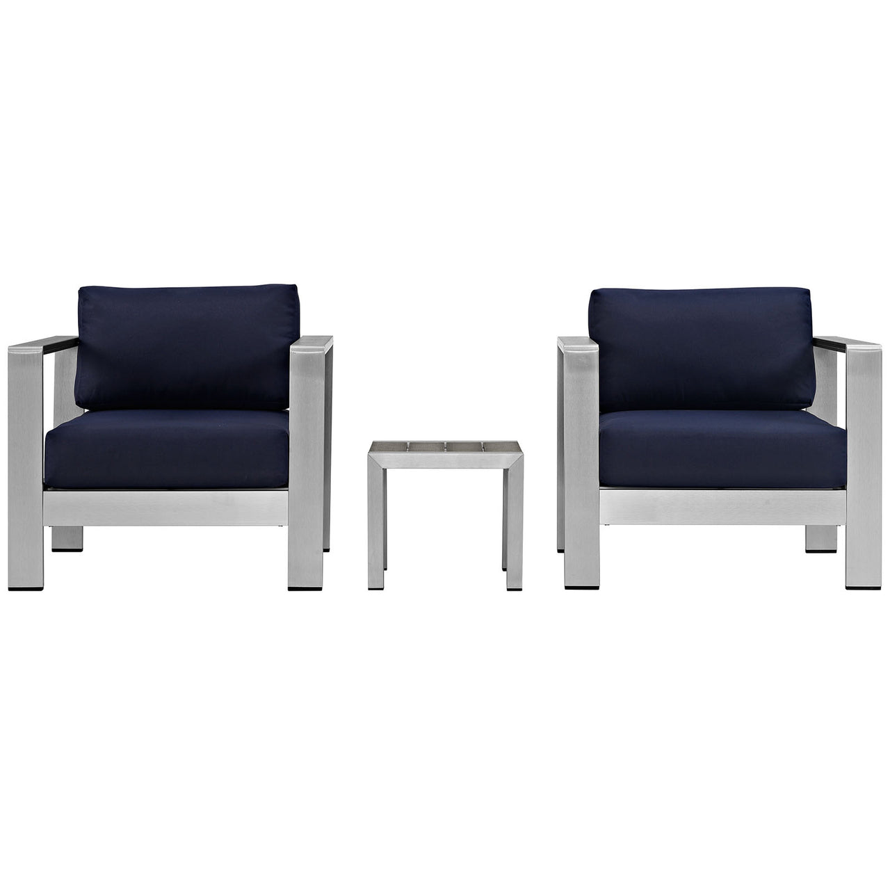 Shorea 3-Piece Alfresco Chair | Side Table Set, Silver & Navy