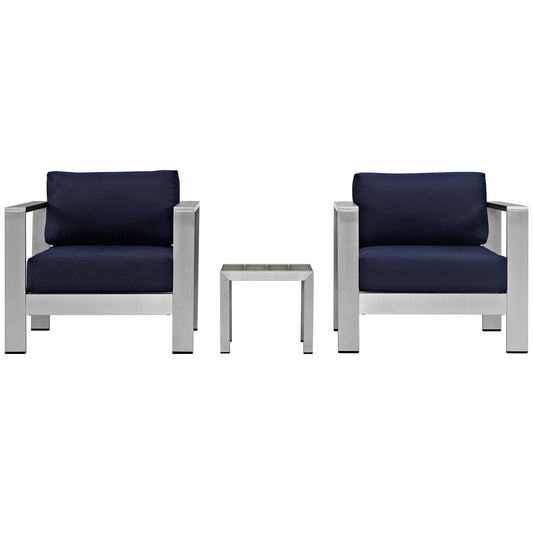 Shorea 3-Piece Alfresco Chair | Side Table Set, Silver & Navy