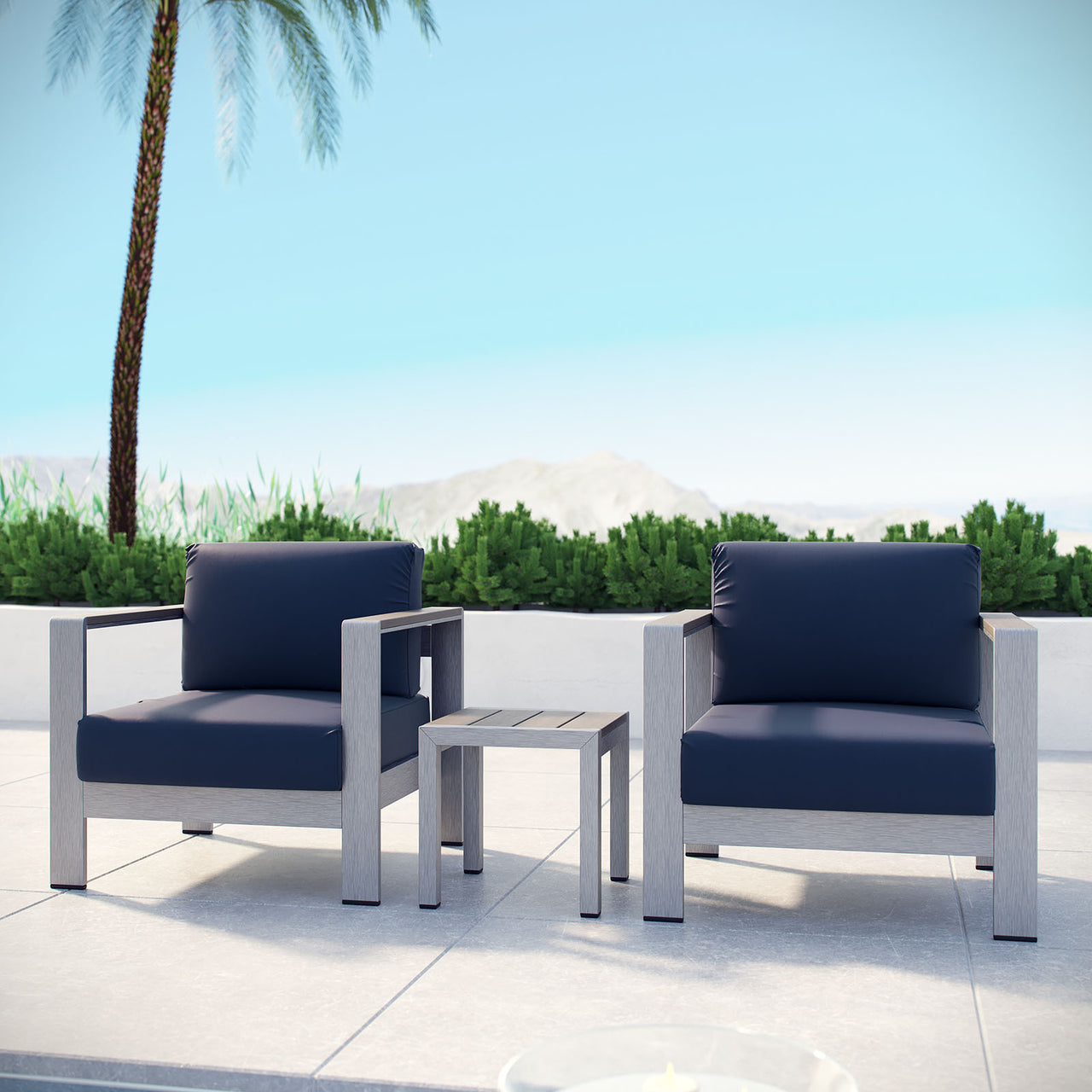 Shorea 3-Piece Alfresco Chair | Side Table Set, Silver & Navy