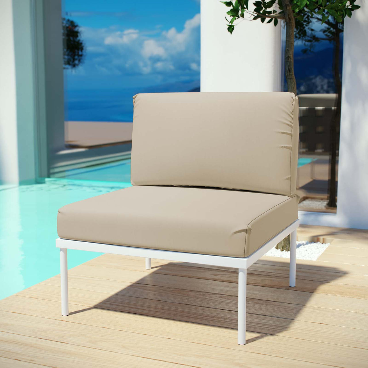Harmonize Alfresco Armless Chair | Outdoor Modular Sectional Component, White & Beige
