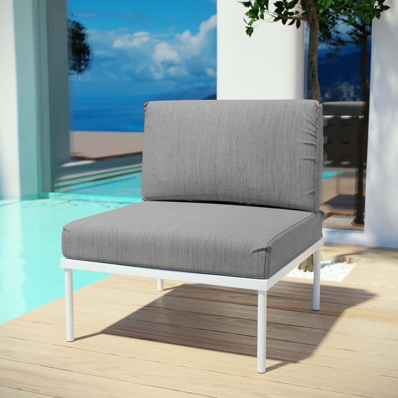 Harmonize Alfresco Armless Chair | Outdoor Modular Sectional Component, White & Gray