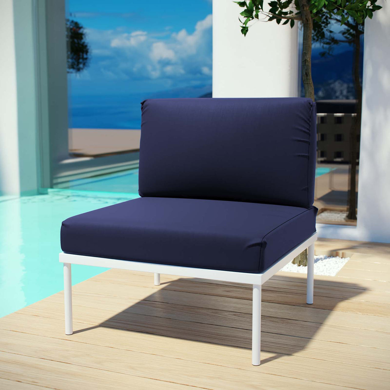 Harmonize Alfresco Armless Chair | Outdoor Modular Sectional Component, White & Navy