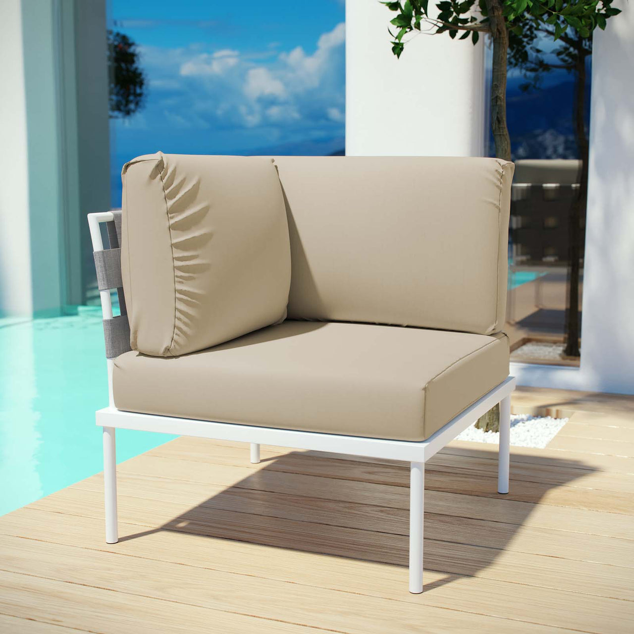 Harmonize Alfresco Corner Chair | Modular Sectional Component, White & Beige