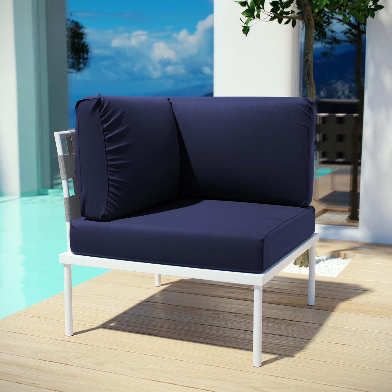 Harmonize Alfresco Corner Chair | Modular Sectional Component, White & Navy