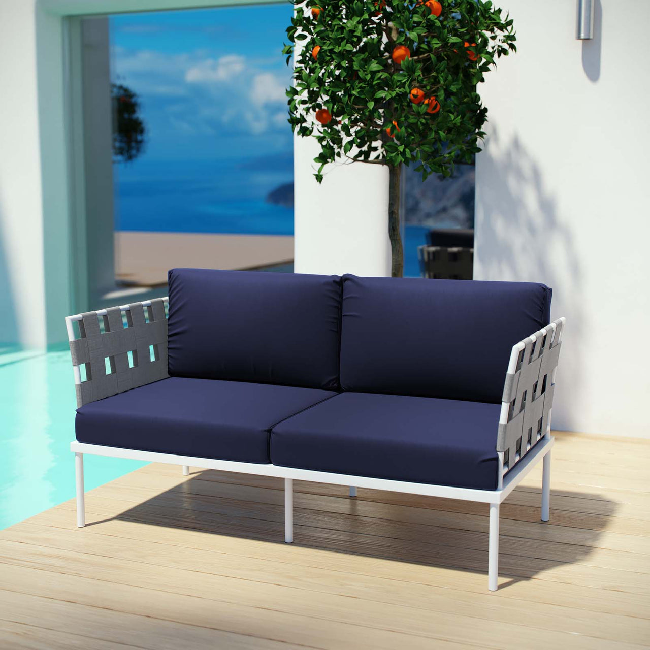Harmonize Alfresco Loveseat, White & Navy