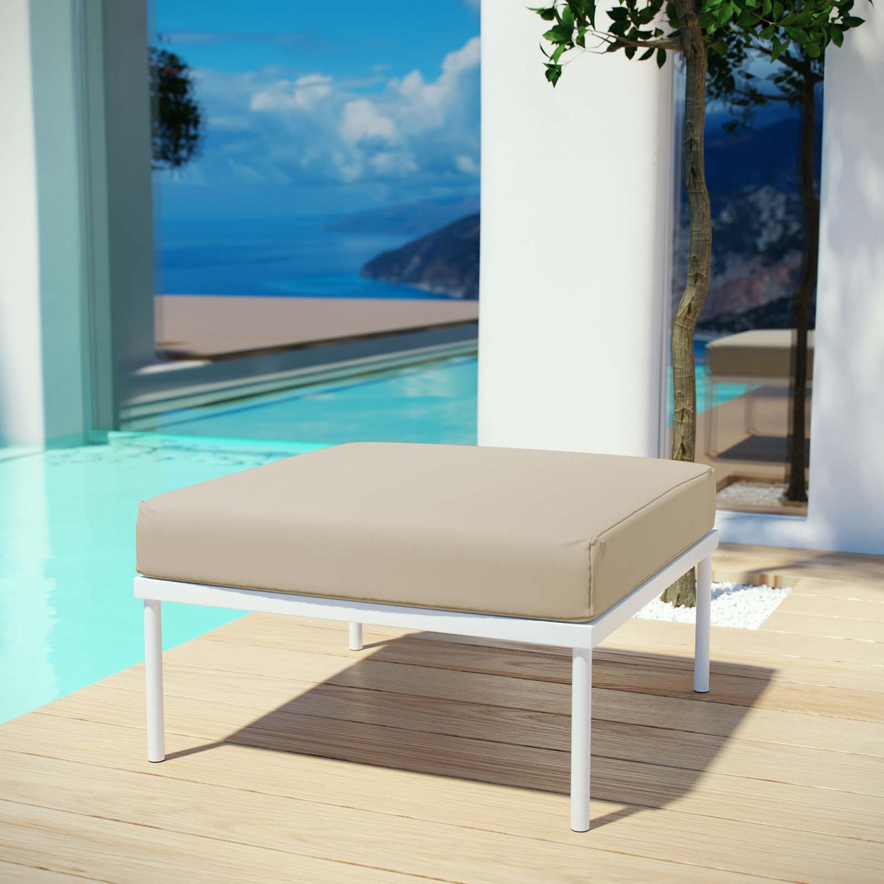 Harmonize Alfresco Ottoman | Outdoor Modular Sectional Component, White & Beige
