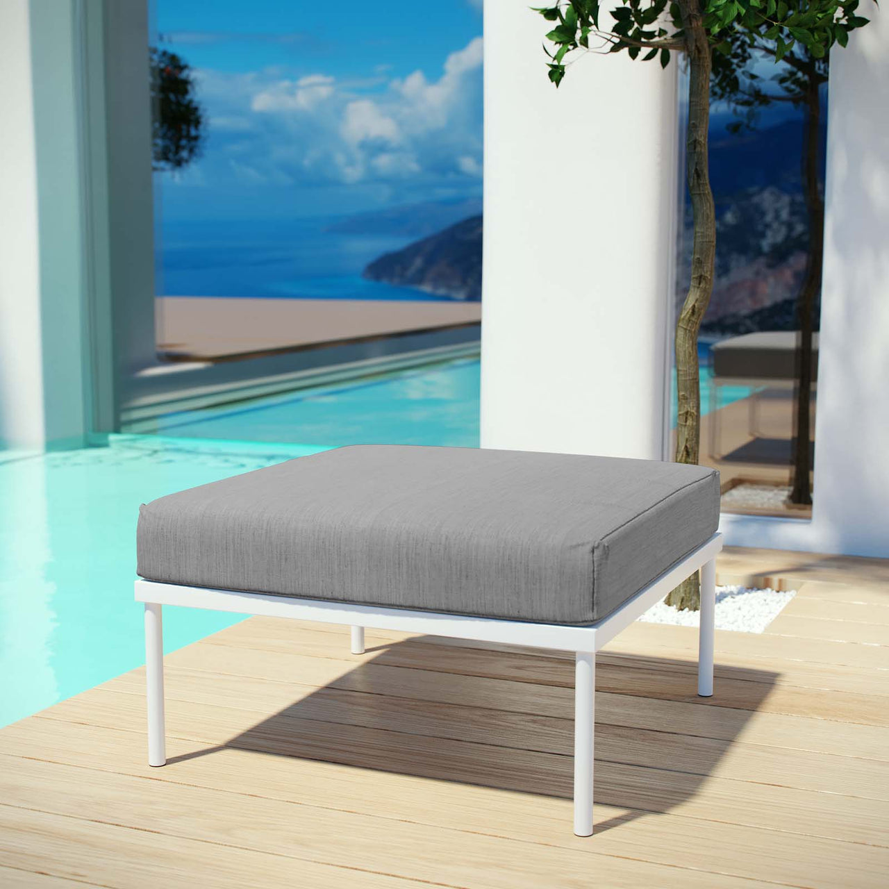 Harmonize Alfresco Ottoman | Outdoor Modular Sectional Component, White & Gray