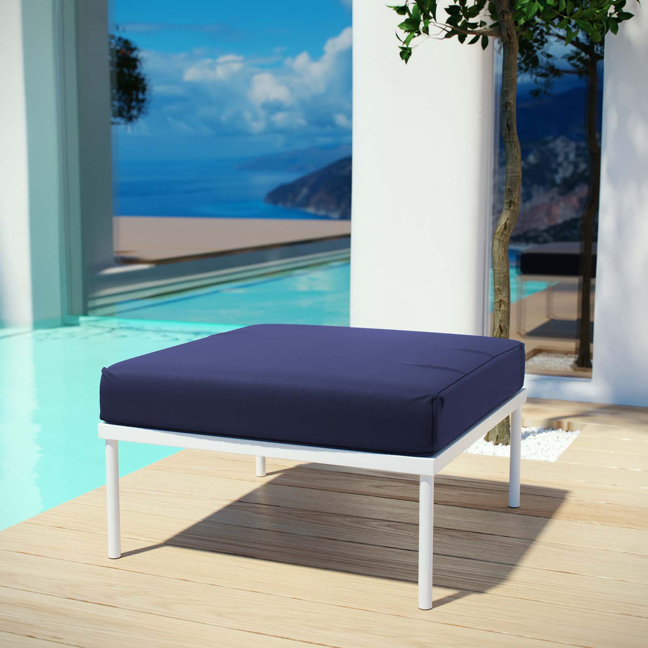 Harmonize Alfresco Ottoman | Outdoor Modular Sectional Component, White & Navy