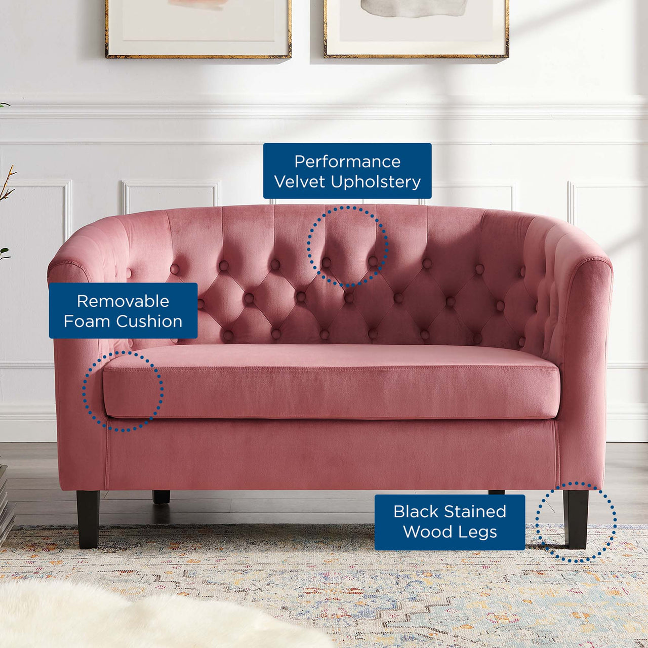 Alessa Upholstered Velvet Loveseat, Dusty Rose
