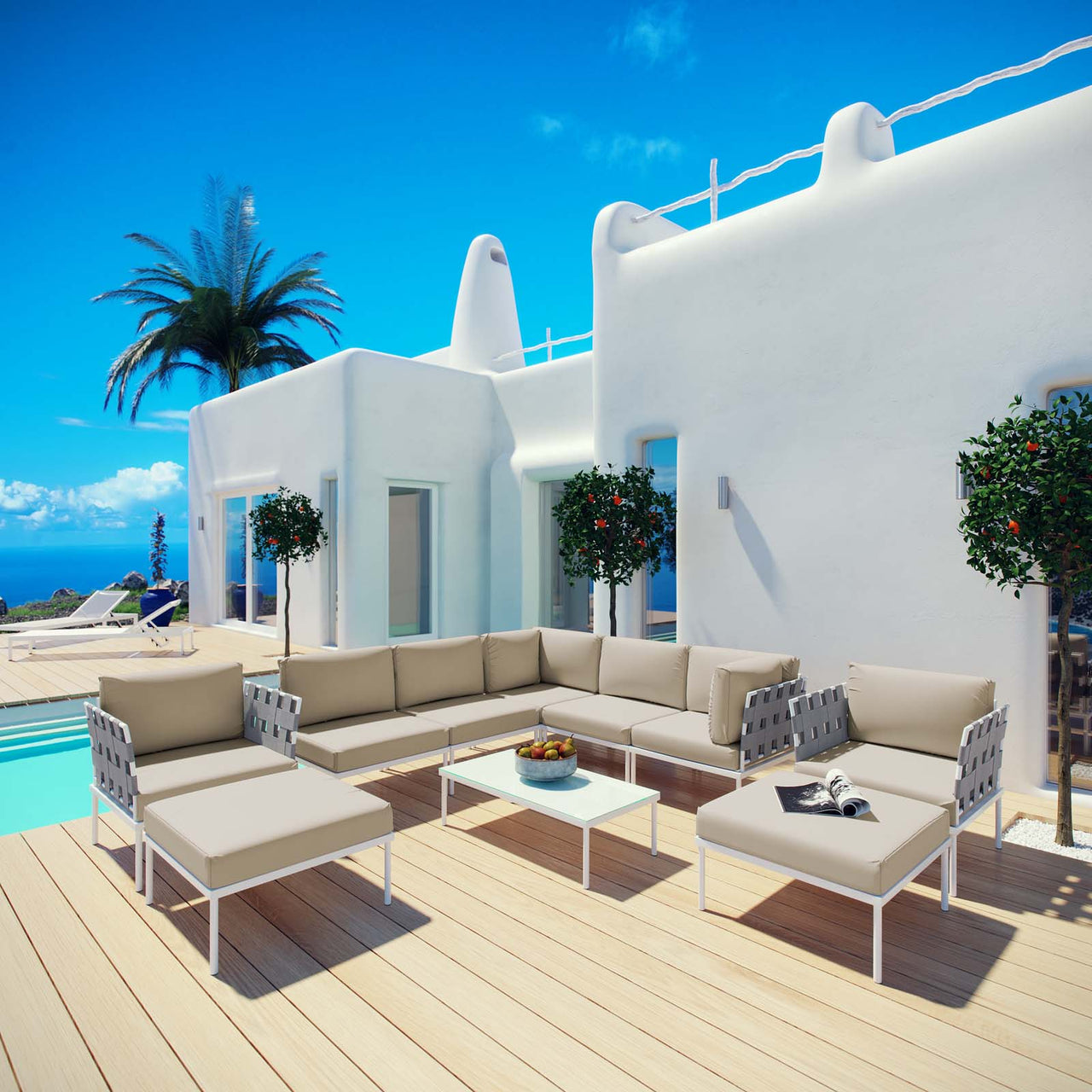 Harmonize 10-Piece Alfresco Sectional Sofa Set, White & Beige