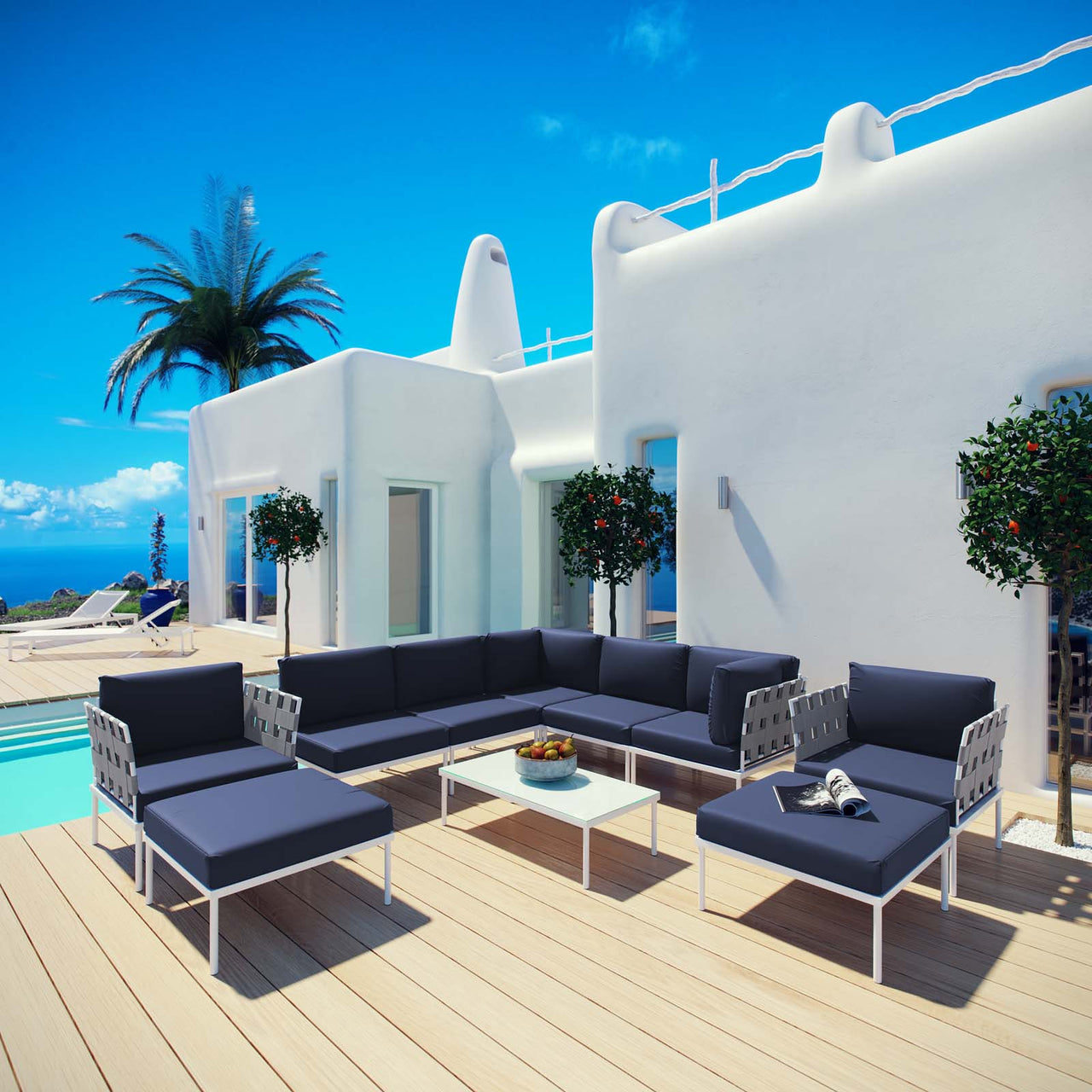 Harmonize 10-Piece Alfresco Sectional Sofa Set, White & Navy