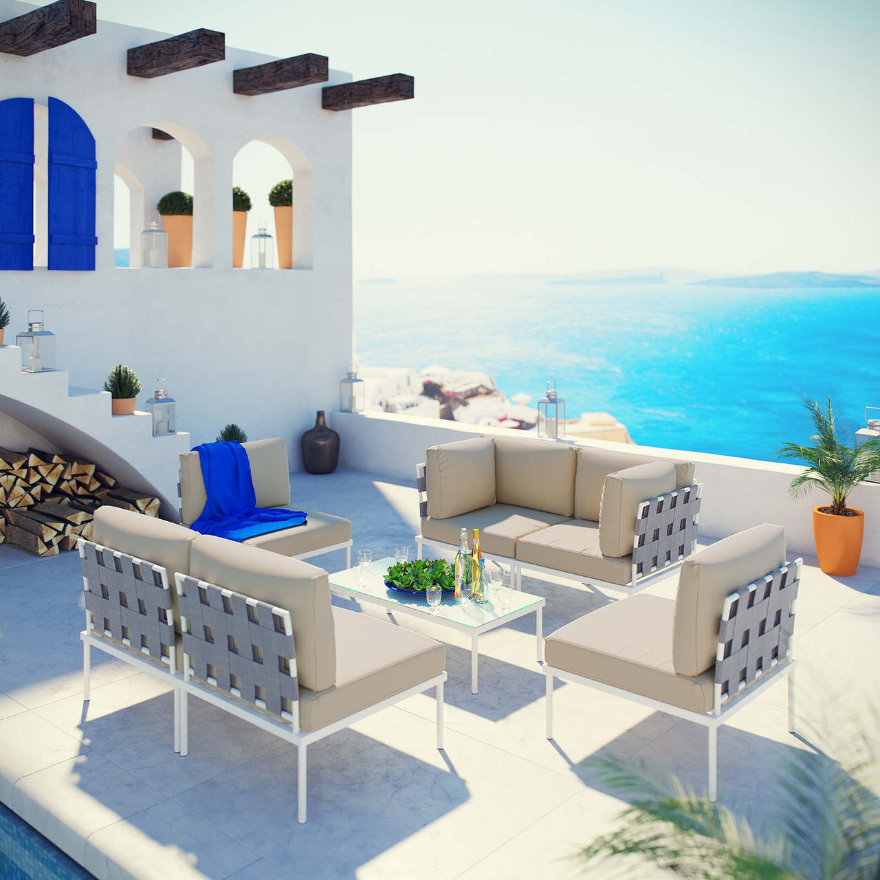 Harmonize 7-Piece Alfresco Sectional Sofa Set, White & Beige