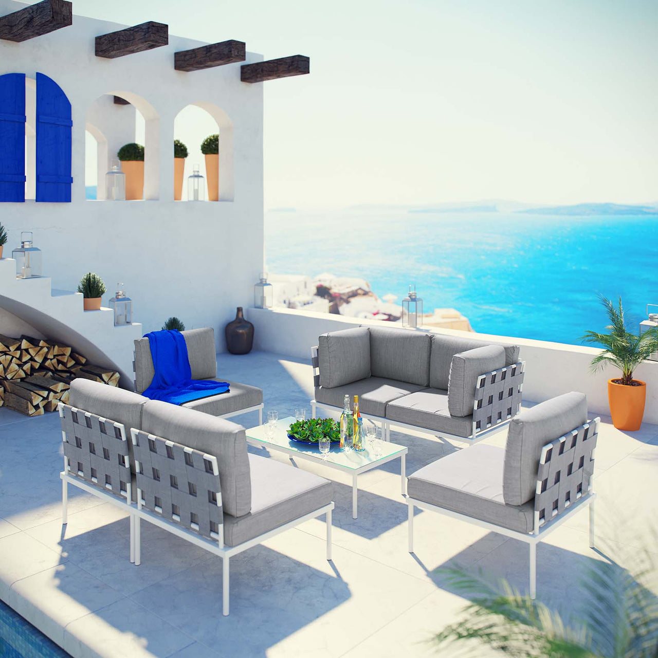 Harmonize 7-Piece Alfresco Sectional Sofa Set, White & Gray