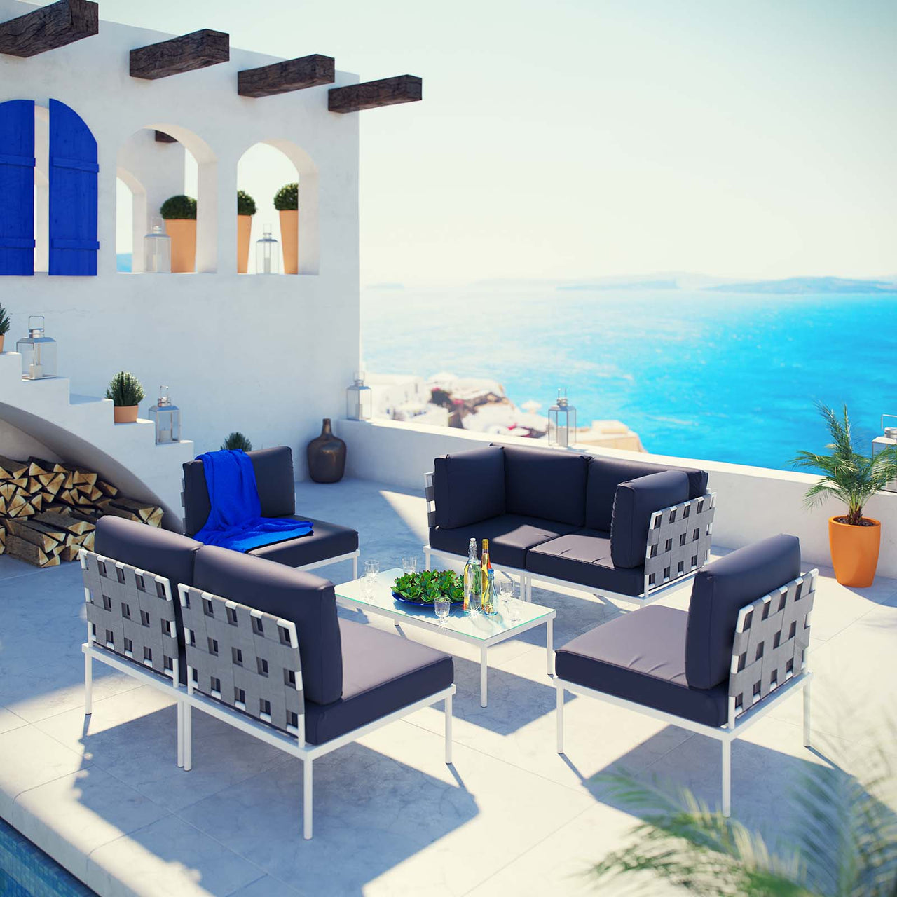 Harmonize 7-Piece Alfresco Sectional Sofa Set, White & Navy